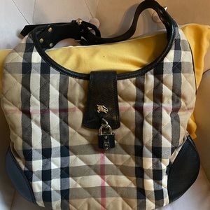 Authentic vintage Burberry Nova Check quilted twill and black leather bag